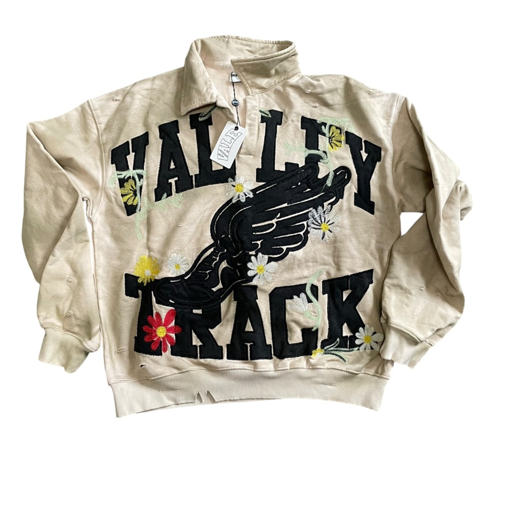 Valley Track Beige Sweatshirt with Floral Embroidery